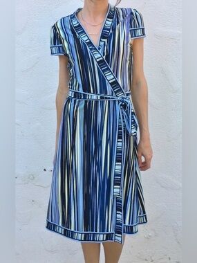 BCBGMaxAzria Blue Striped Wrap Dress Size M